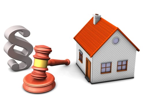 A house with paragraph and hammer on the white background.