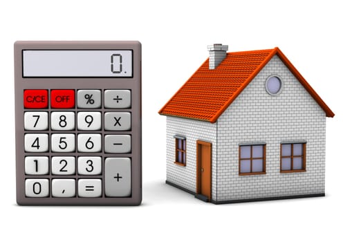 A house on the big pocket calculator. White background.