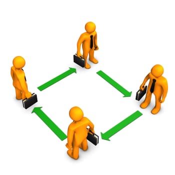 Orange cartoon characters with black cases and green arrows. White background.