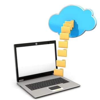 Opened notebook with cloud and yellow folders. White background.