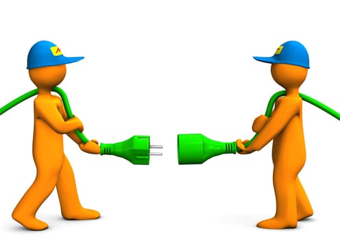 Two orange cartoon characters with green connector.