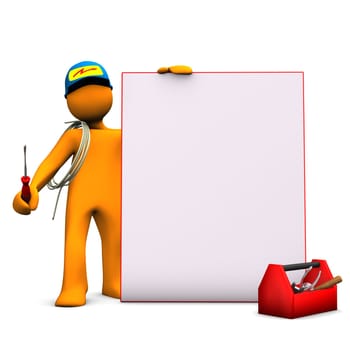 Orange cartoon character as electrician with signboard and cable. White background.