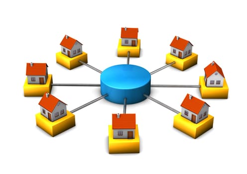 3d illustration of connected houses. White background.