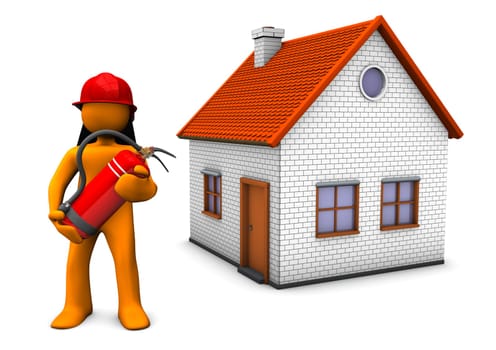 Fireman with red helmet and extinguisher and with house on the white background.