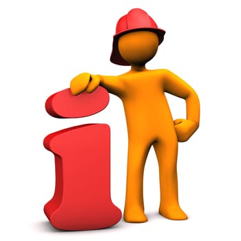 Orange cartoon character as fireman with info symbol. White background.