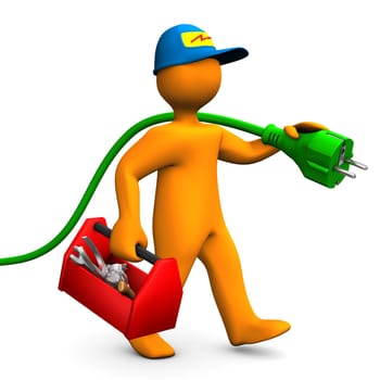 Orange cartoon character as electrician with toolbox and connector. White background.