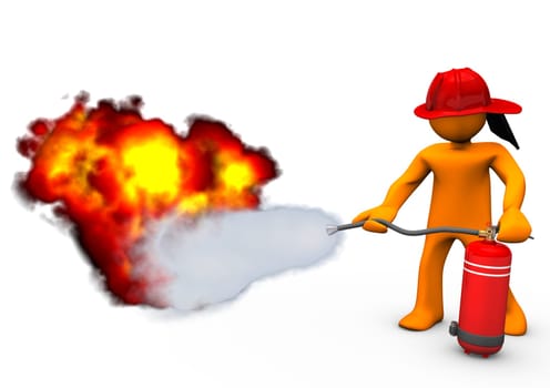 Orange cartoon character blows out the fire with extinguisher.