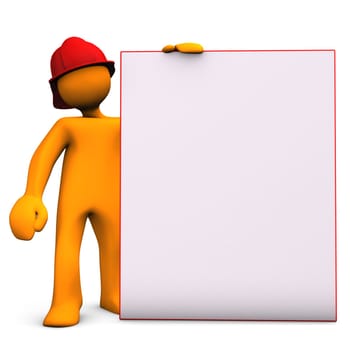 Orange cartoon character as fireman with noticeobard. White background.