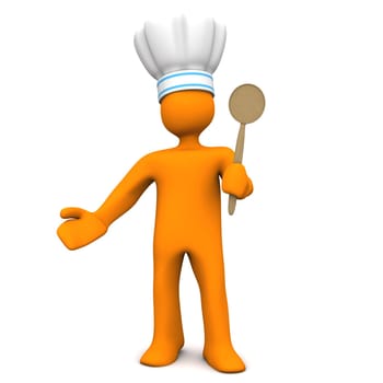 Orange cartoon character as chef with wooden spoon. White background.