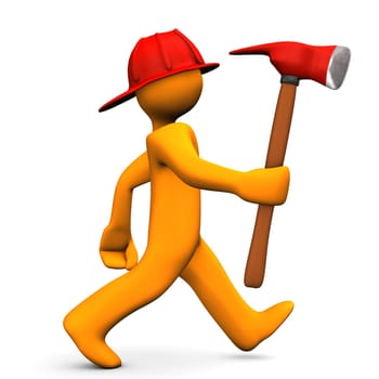 Orange cartoon character runs with axe. White background.