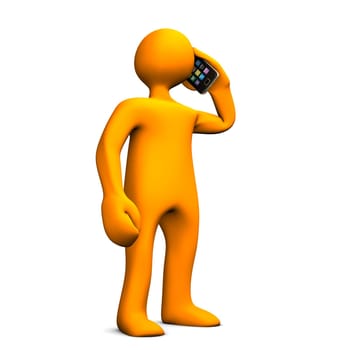 Orange cartoon character phones with smartphone. White background.