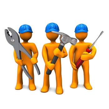Three orange cartoon characters with blue helmets and tools in the hands. White background.