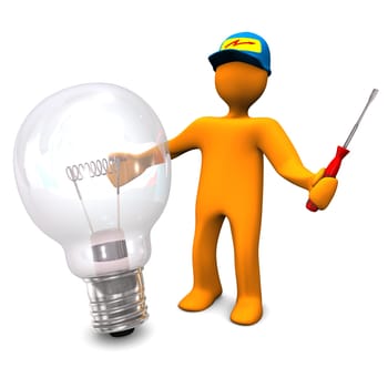 Orange cartoon character as electrician phones with old lamp. White background.