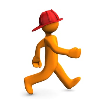 Orange cartoon character runs about fire alert. White background.