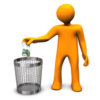 Orange cartoon character throws european banknote in the wastebasket.