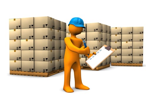 Orange cartoon character with clipboard and pallets. White background.