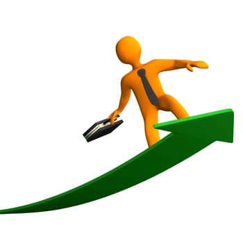 Orange cartoon characters with black case and tie, surfs on the green arrow, white background.