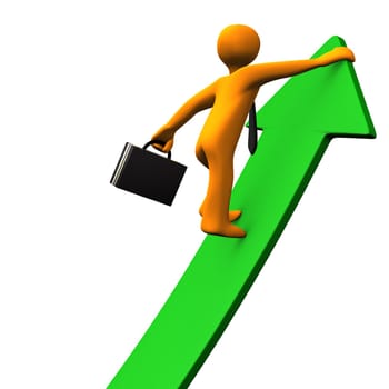 Orange cartoon character climbs on the green arrow. White background.