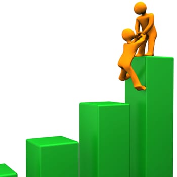 Orange cartoon characters attain the summit of green chart.