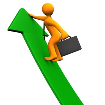 Orange cartoon character climbs on the green arrow. White background.