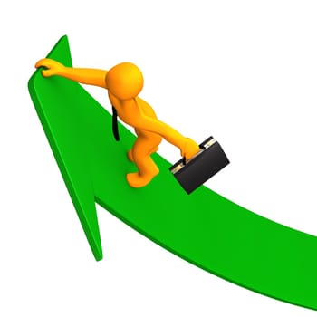 Orange cartoon character climbs on the green arrow. White background.