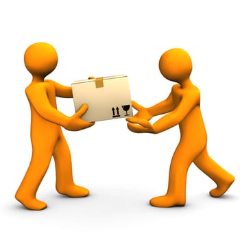 Two orange cartoon characters with carton. White background.