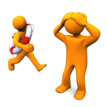 Two orange cartoons with a lifebelt. White background.