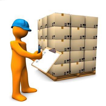 Orange cartoon character with clipboard and pallet. White background.
