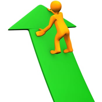 Orange cartoon character climbs on the green arrow. White background.