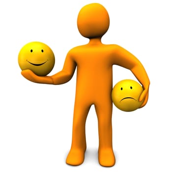 Orange cartoon character with cheerfull and sadly smiley. White background.