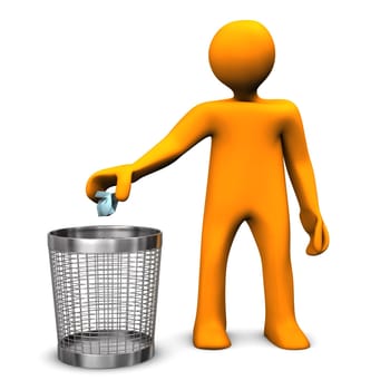Orange cartoon character throws crumpled paper in the wastebasket.