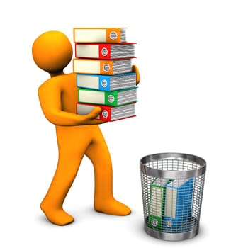 Orange cartoon character throws folders in the wastebasket.