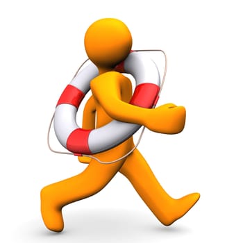Orange cartoon character runs with lifebelt. White background.