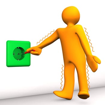 Orange cartoon character have a electric shock. White background.