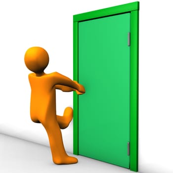 Orange cartoon character can not open the exit door.