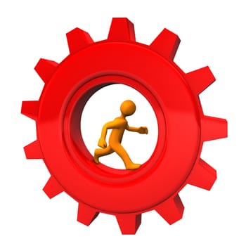 Orange cartoon character in the red gear wheel. White background.