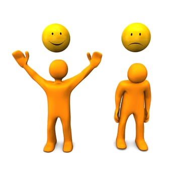 Two orange cartoons with cheerful and sadly smileys. White background.