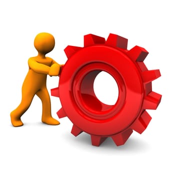 Orange cartoon character rolls red gear. White background.