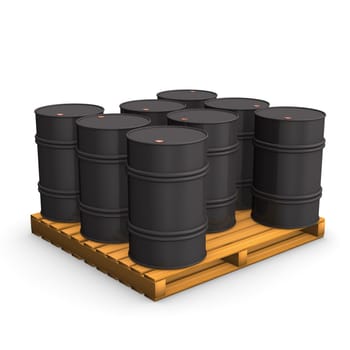 Pallet with oil barrels on the white background.