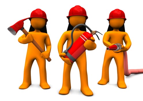 The fire brigade with axe, extinguisher and fire hose. White background.
