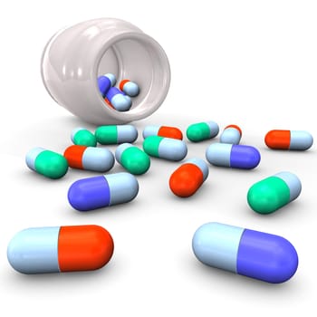 3d illustration looks many pills on the white background.