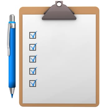 Clipboard with blue pen on the white background.