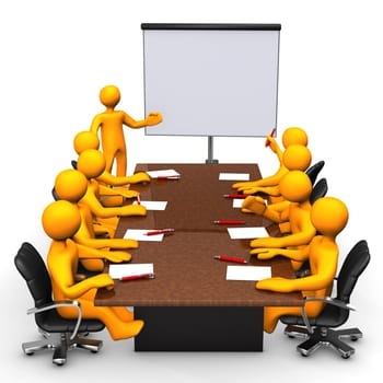 Training with orange cartoon characters. White background.