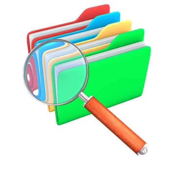Big loupe with 4 folders. White background.