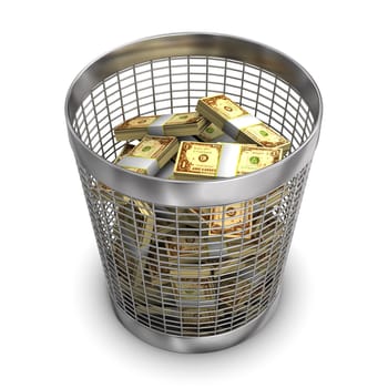 A full wastebasket with dollars. White background.