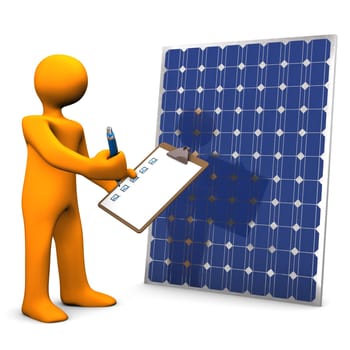 Orange cartoon character with clipboard and solar panel.