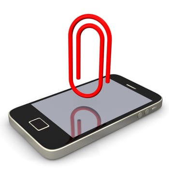 Smartphone with paperclip on the white background.