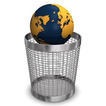 Globe in wastebasket on the white background.