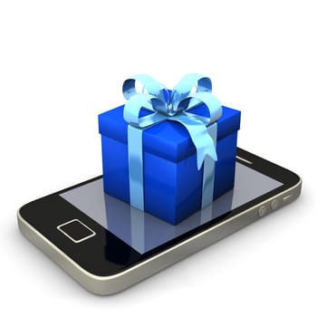 Smartphone with blue gift on the white background.