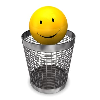 Yellow smile in the wastebasket on the white background.